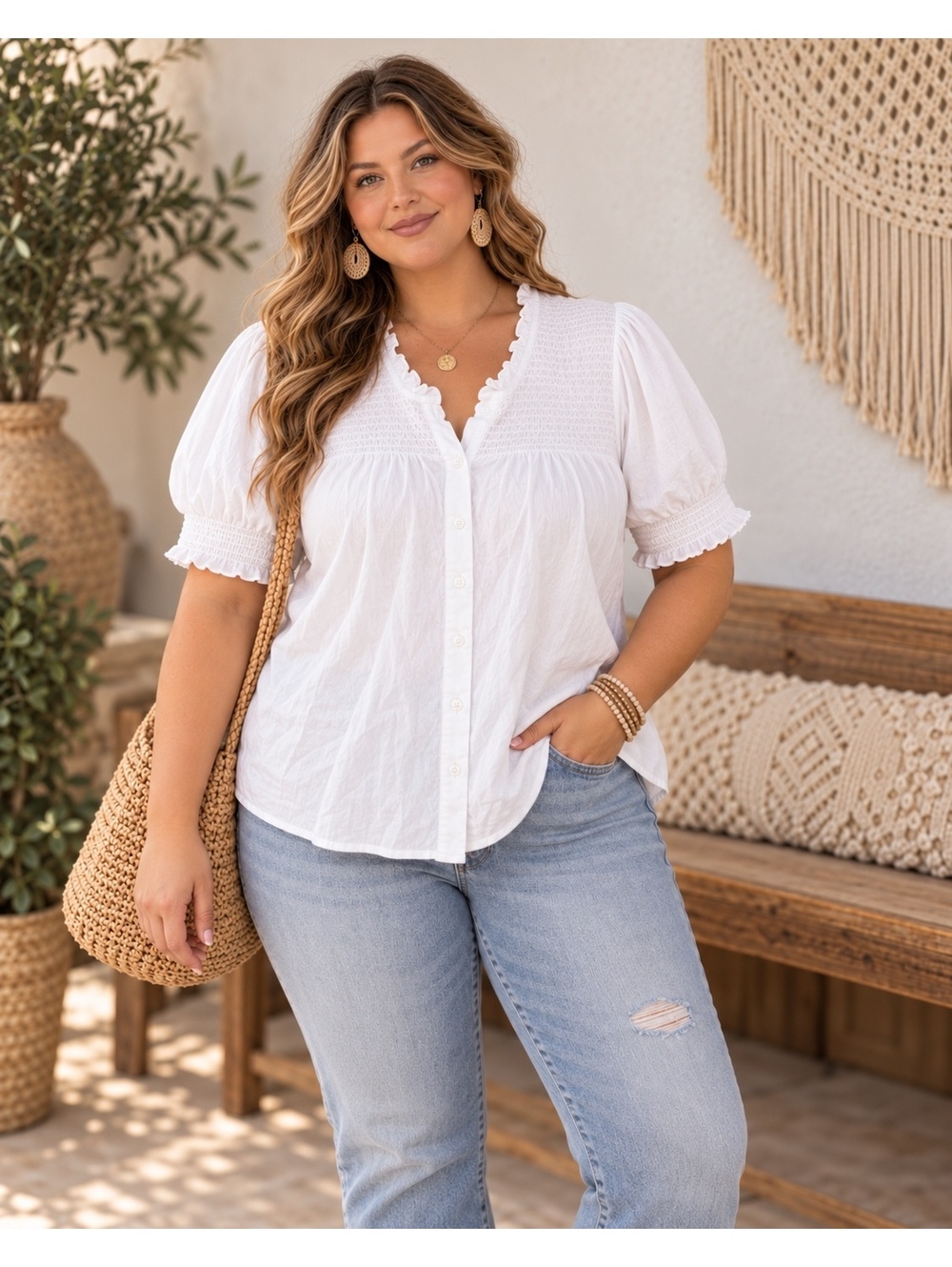 NWT Terra & Sky 1X White Smocked Puff Sleeve Blouse